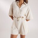 Belted Linen Playsuit - Cream