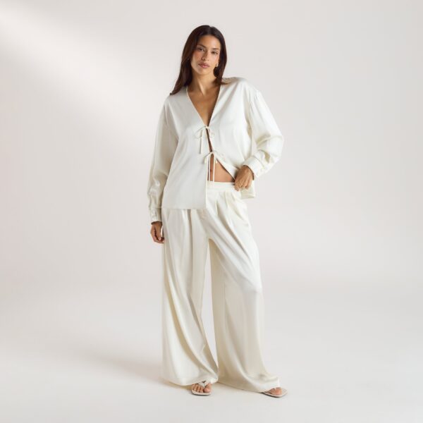 Mimi Long-Sleeved Satin Tie Shirt - Cream - Image 3