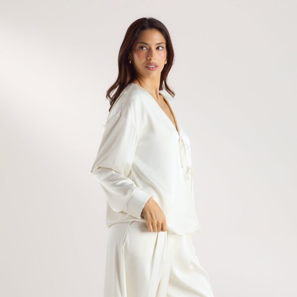 Mimi Long-Sleeved Satin Tie Shirt - Cream - Image 5